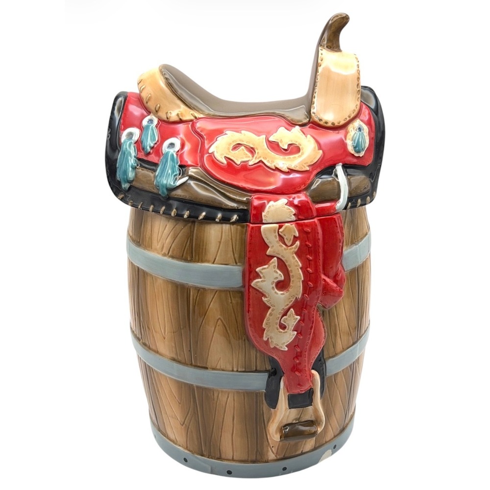 Vintage Young's Western Saddle on Barrel Cookie Jar Rustic Cowboy Decor 11.25"